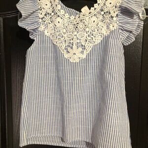SHEIN Blue & White Striped Lace Yoke Flutter Sleeve Top